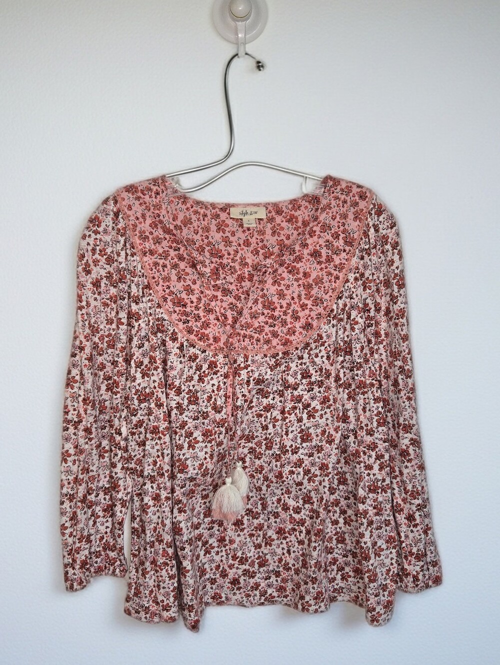 NWT Style & Co. Coral Floral Peasant Boho Tunic With Tassels Women's Size L